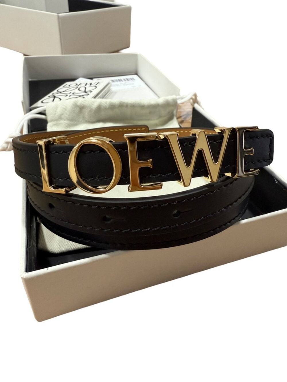 LOEWE Letter Logo Buckle Black Leather Skinny Belt 85